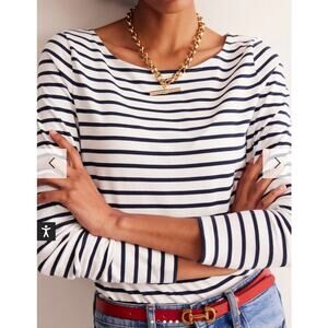 BODEN Ella Long Sleeve Breton Size 2 Navy Ivory Stripe Cotton Tee Nautical Prep